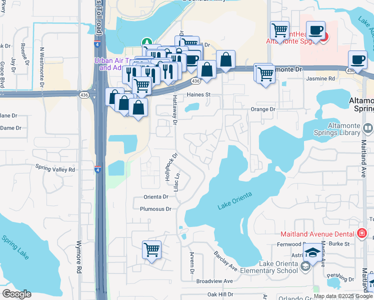map of restaurants, bars, coffee shops, grocery stores, and more near 415 Lakepointe Drive in Altamonte Springs