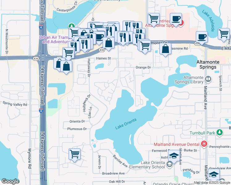 map of restaurants, bars, coffee shops, grocery stores, and more near 315 Lakepointe Drive in Altamonte Springs