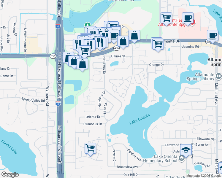 map of restaurants, bars, coffee shops, grocery stores, and more near 415 Lakepointe Drive in Altamonte Springs