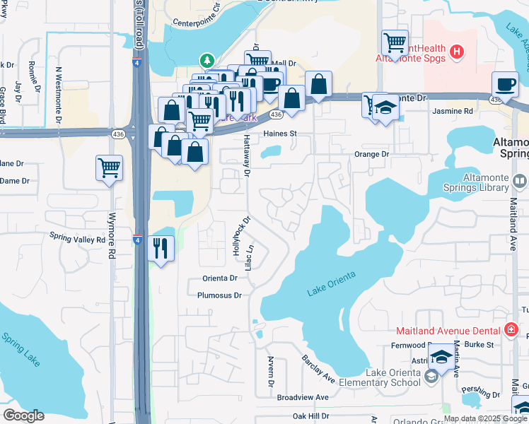map of restaurants, bars, coffee shops, grocery stores, and more near 415 Lakepointe Drive in Altamonte Springs