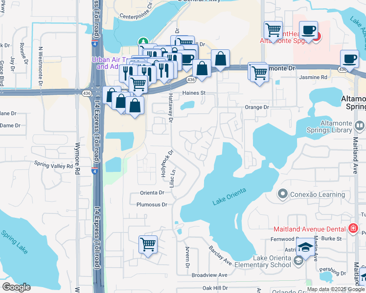 map of restaurants, bars, coffee shops, grocery stores, and more near 415 Lakepointe Drive in Altamonte Springs