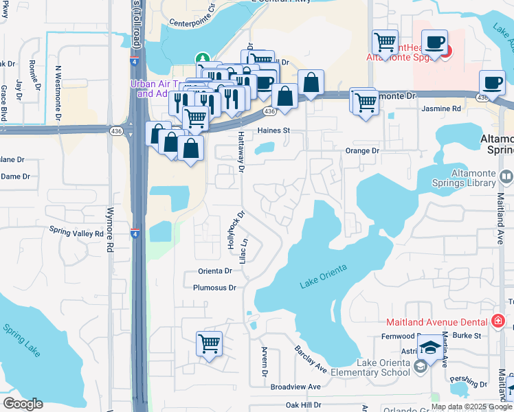 map of restaurants, bars, coffee shops, grocery stores, and more near 415 Lakepointe Drive in Altamonte Springs