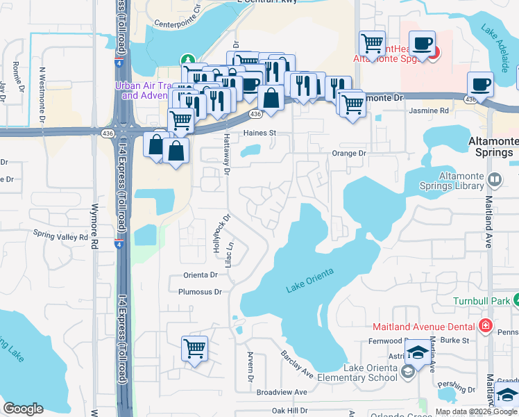 map of restaurants, bars, coffee shops, grocery stores, and more near 420 Forestway Circle in Altamonte Springs