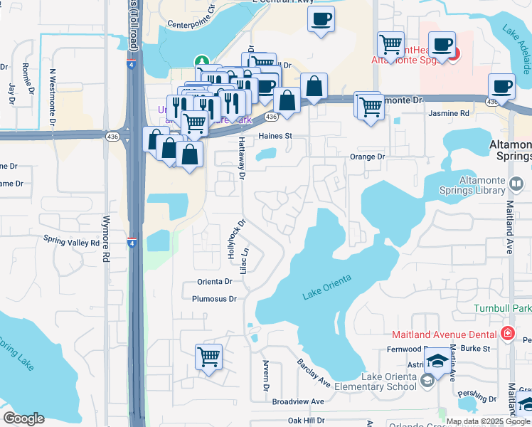 map of restaurants, bars, coffee shops, grocery stores, and more near 320 Black Oak Court in Altamonte Springs