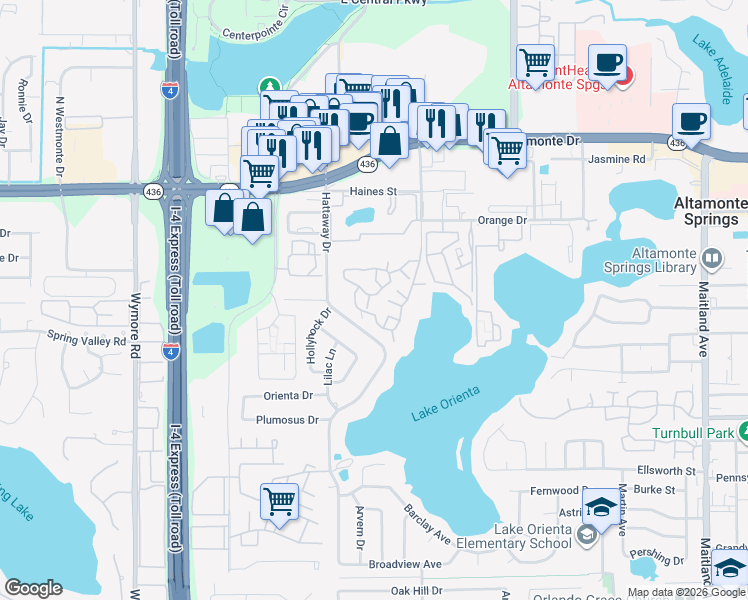 map of restaurants, bars, coffee shops, grocery stores, and more near 366 Waterside Drive in Altamonte Springs