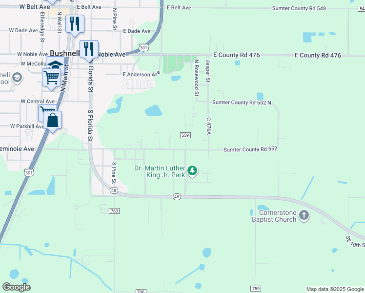 map of restaurants, bars, coffee shops, grocery stores, and more near 6762 County Road 559 in Bushnell