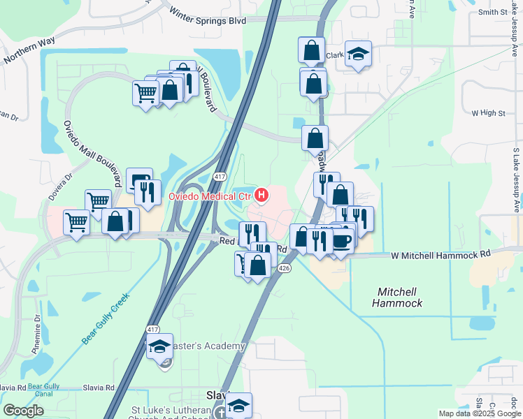 map of restaurants, bars, coffee shops, grocery stores, and more near 8300 Red Bug Lake Road in Oviedo