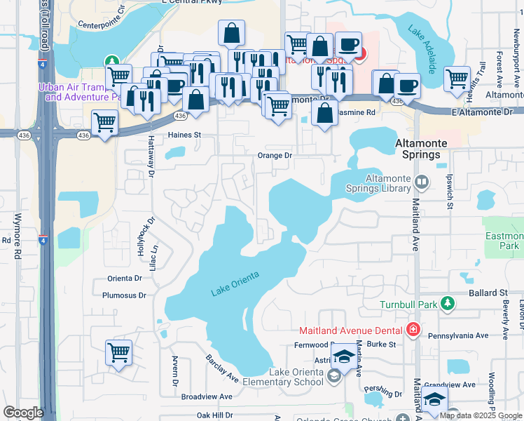 map of restaurants, bars, coffee shops, grocery stores, and more near 532 Orange Drive in Altamonte Springs