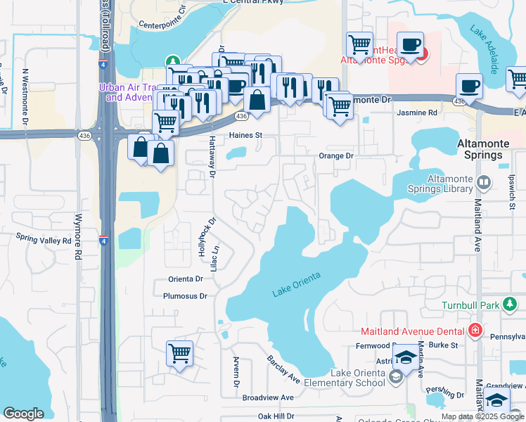 map of restaurants, bars, coffee shops, grocery stores, and more near 366 Waterside Drive in Altamonte Springs