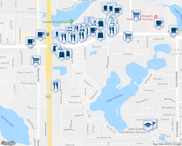 map of restaurants, bars, coffee shops, grocery stores, and more near 415 Lakepointe Drive in Altamonte Springs