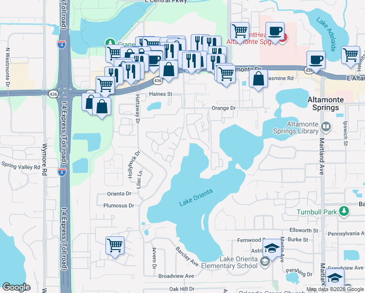 map of restaurants, bars, coffee shops, grocery stores, and more near 315 Lakepointe Drive in Altamonte Springs
