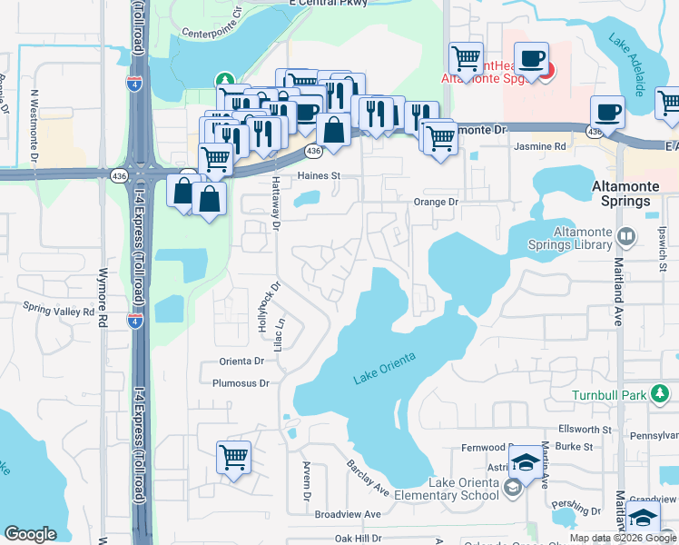 map of restaurants, bars, coffee shops, grocery stores, and more near 370 Lake Tahoe Court in Altamonte Springs
