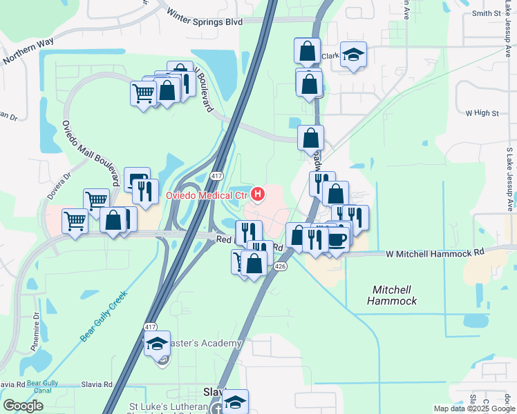 map of restaurants, bars, coffee shops, grocery stores, and more near 8300 Red Bug Lake Road in Oviedo