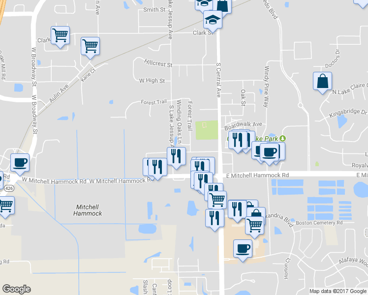 map of restaurants, bars, coffee shops, grocery stores, and more near 76 Winding Oaks Lane in Oviedo