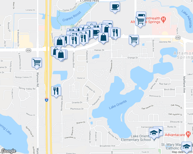 map of restaurants, bars, coffee shops, grocery stores, and more near 415 Lakepointe Drive in Altamonte Springs