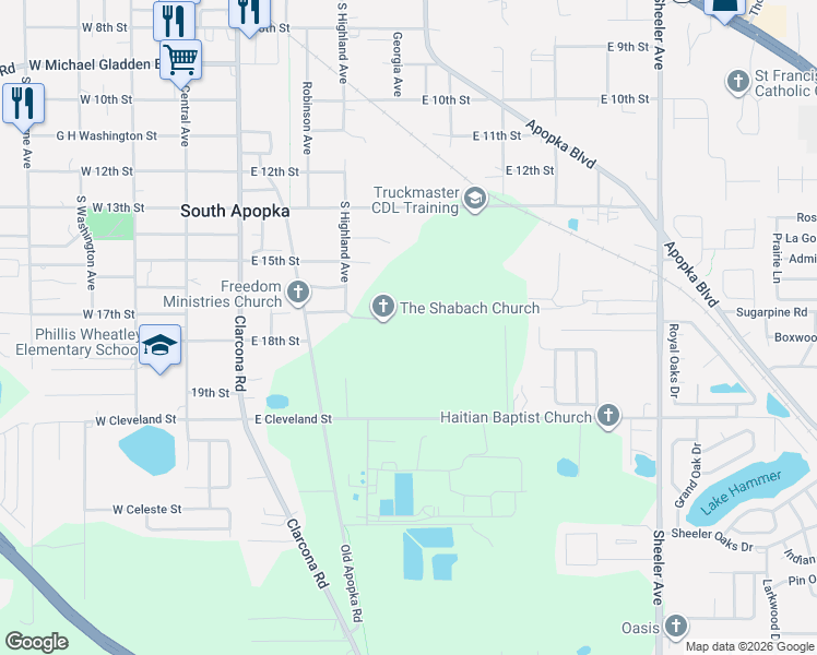 map of restaurants, bars, coffee shops, grocery stores, and more near 385 East Cleveland Street in Apopka