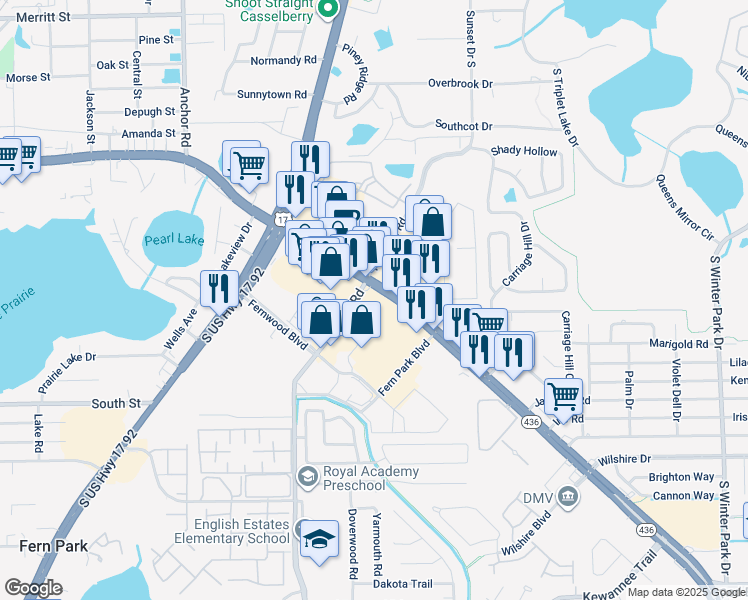 map of restaurants, bars, coffee shops, grocery stores, and more near 205 Florida 436 in Fern Park