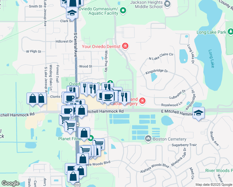 map of restaurants, bars, coffee shops, grocery stores, and more near 7733 Center Lake Lane in Oviedo