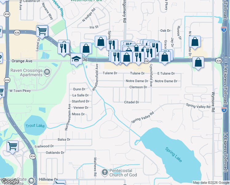map of restaurants, bars, coffee shops, grocery stores, and more near 560 Columbia Avenue in Altamonte Springs