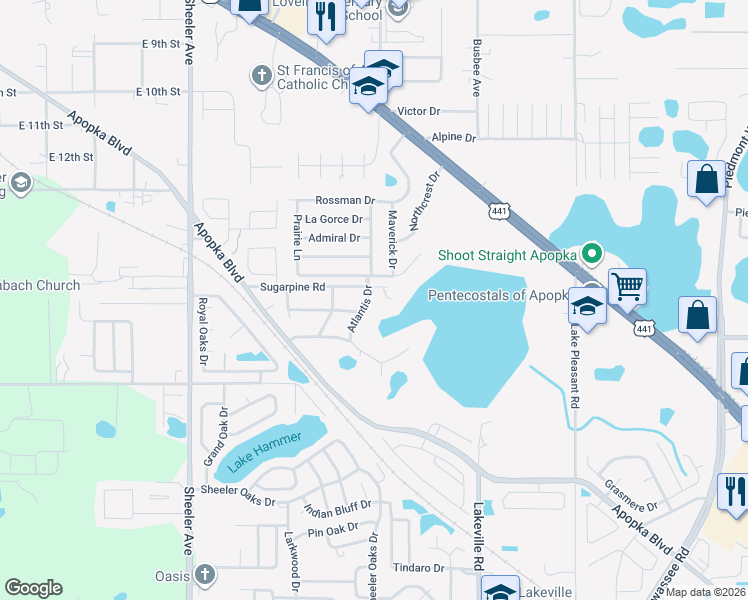 map of restaurants, bars, coffee shops, grocery stores, and more near 1415 Atlantis Drive in Apopka