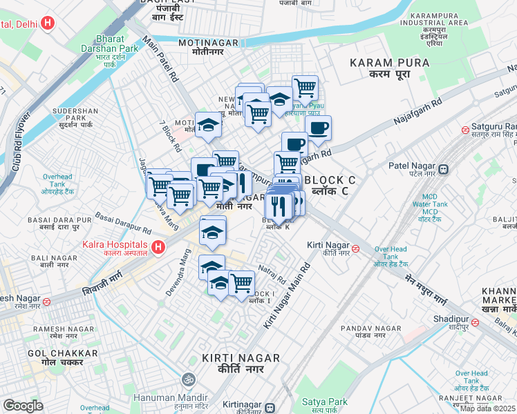 map of restaurants, bars, coffee shops, grocery stores, and more near 68 Najafgarh Road in New Delhi