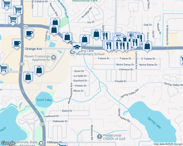map of restaurants, bars, coffee shops, grocery stores, and more near 385 Weathersfield Avenue in Altamonte Springs