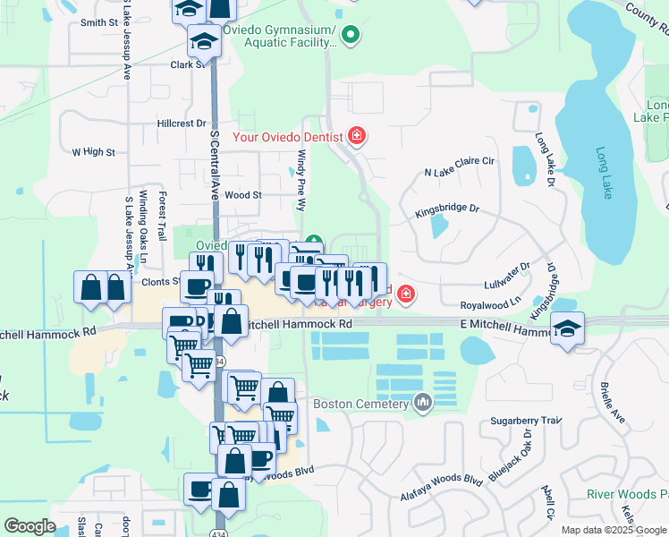 map of restaurants, bars, coffee shops, grocery stores, and more near 7733 Center Lake Lane in Oviedo
