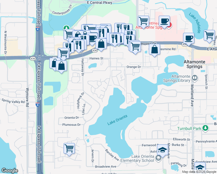 map of restaurants, bars, coffee shops, grocery stores, and more near 315 Lakepointe Drive in Altamonte Springs