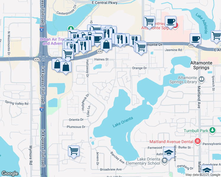 map of restaurants, bars, coffee shops, grocery stores, and more near 300 Lakepointe Drive in Altamonte Springs