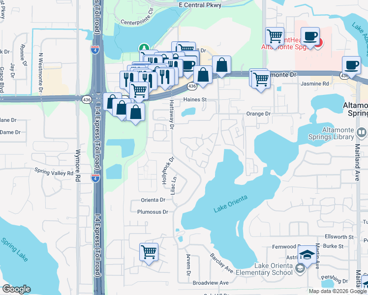 map of restaurants, bars, coffee shops, grocery stores, and more near 465 Forestway Circle in Altamonte Springs