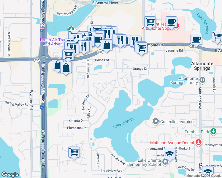 map of restaurants, bars, coffee shops, grocery stores, and more near 366 Waterside Drive in Altamonte Springs