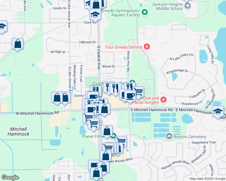 map of restaurants, bars, coffee shops, grocery stores, and more near 1083 Taramundi Drive in Oviedo