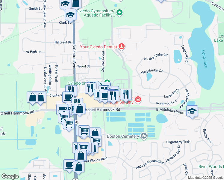 map of restaurants, bars, coffee shops, grocery stores, and more near 7733 Center Lake Lane in Oviedo