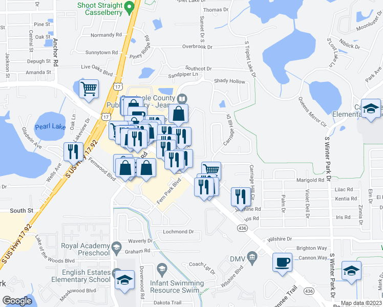 map of restaurants, bars, coffee shops, grocery stores, and more near 360 Florida 436 in Casselberry