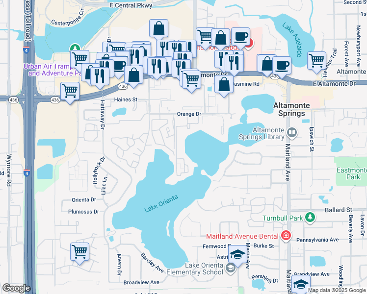 map of restaurants, bars, coffee shops, grocery stores, and more near 532 Orange Drive in Altamonte Springs