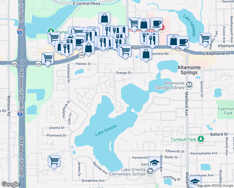map of restaurants, bars, coffee shops, grocery stores, and more near 532 Orange Drive in Altamonte Springs