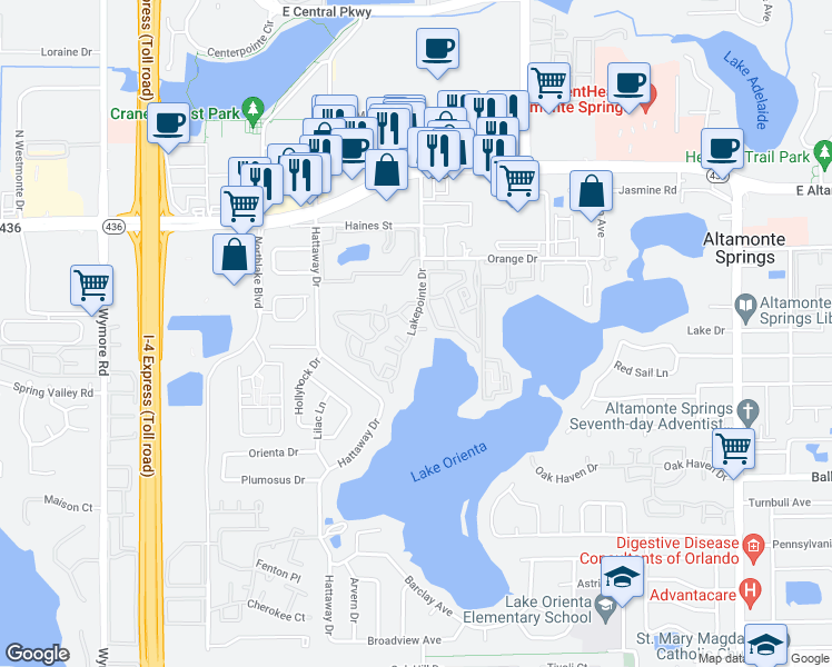 map of restaurants, bars, coffee shops, grocery stores, and more near 315 Lakepointe Drive in Altamonte Springs