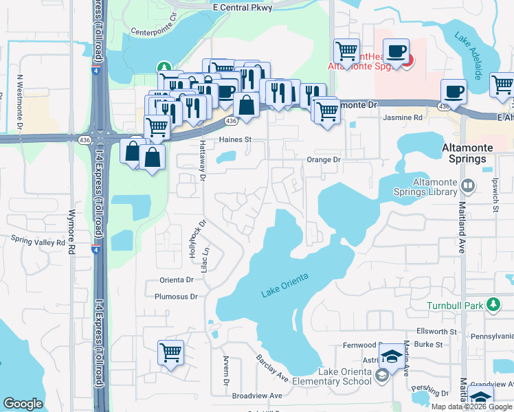 map of restaurants, bars, coffee shops, grocery stores, and more near 366 Waterside Drive in Altamonte Springs