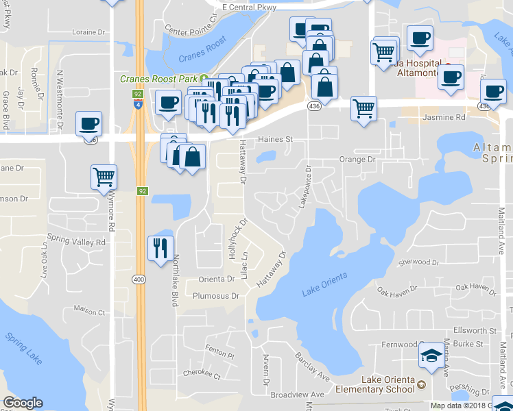 map of restaurants, bars, coffee shops, grocery stores, and more near 415 Lakepointe Drive in Altamonte Springs