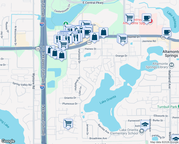map of restaurants, bars, coffee shops, grocery stores, and more near 430 Forestway Circle in Altamonte Springs