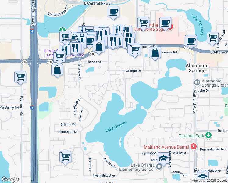 map of restaurants, bars, coffee shops, grocery stores, and more near 274 Altamonte Bay Club Circle in Altamonte Springs