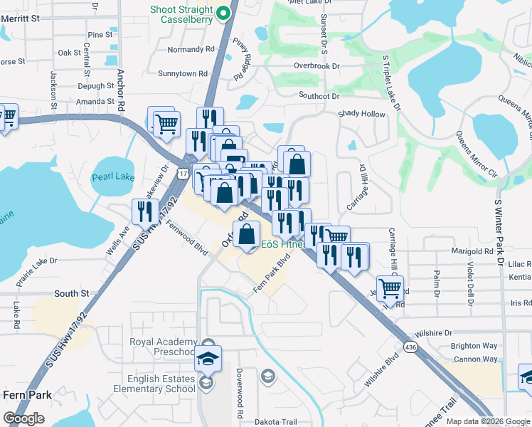 map of restaurants, bars, coffee shops, grocery stores, and more near 256 State Route 436 in Casselberry