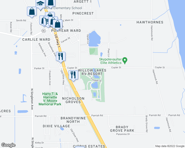 map of restaurants, bars, coffee shops, grocery stores, and more near 2343 Shuttle Circle in Titusville