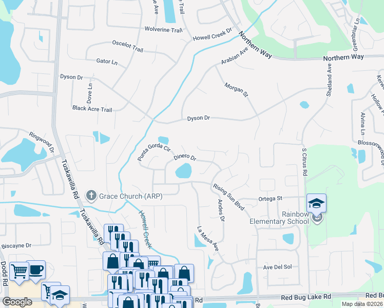 map of restaurants, bars, coffee shops, grocery stores, and more near 1000 Dinero Drive in Winter Springs