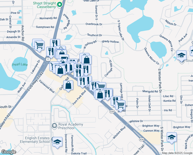 map of restaurants, bars, coffee shops, grocery stores, and more near 10 Bayberry Branch in Casselberry