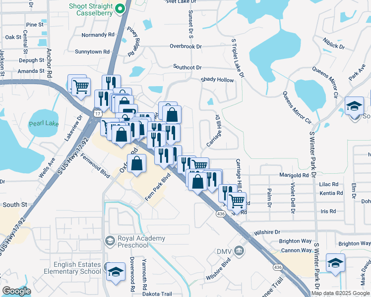 map of restaurants, bars, coffee shops, grocery stores, and more near 616 Kenwick Circle in Casselberry