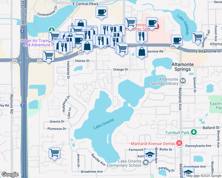 map of restaurants, bars, coffee shops, grocery stores, and more near 276 Orienta Point Street in Altamonte Springs