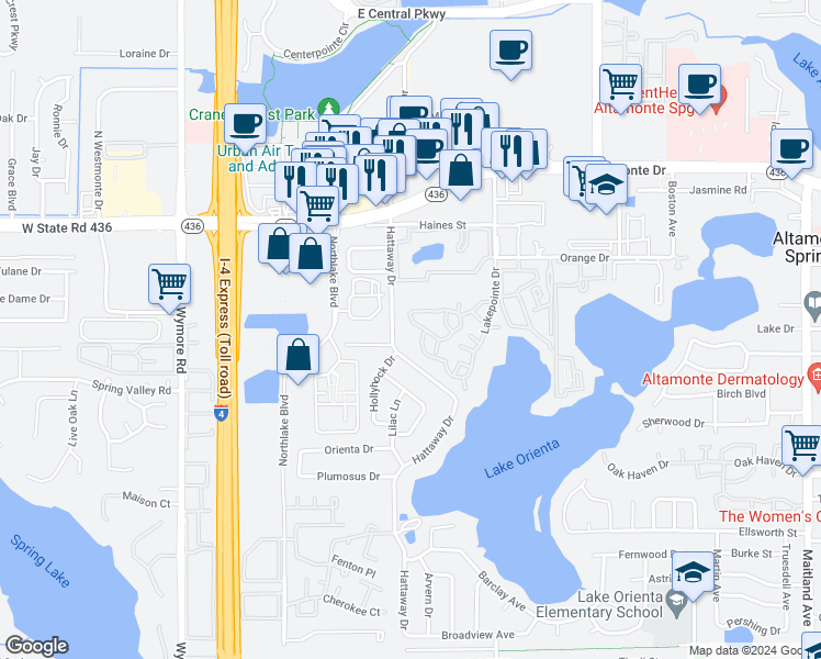 map of restaurants, bars, coffee shops, grocery stores, and more near 340 Forestway Circle in Altamonte Springs
