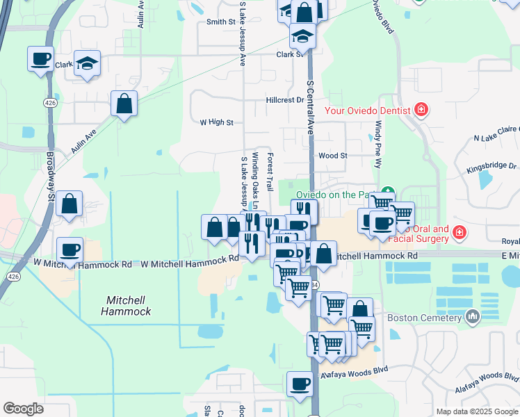 map of restaurants, bars, coffee shops, grocery stores, and more near 89 Winding Oaks Lane in Oviedo