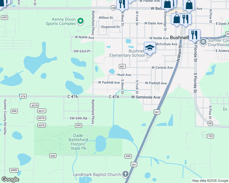 map of restaurants, bars, coffee shops, grocery stores, and more near 1060 Southwest 66th Place in Bushnell